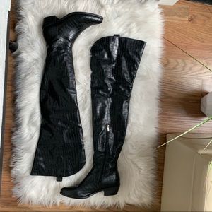 Thigh high black croc skin leather boots US 8
